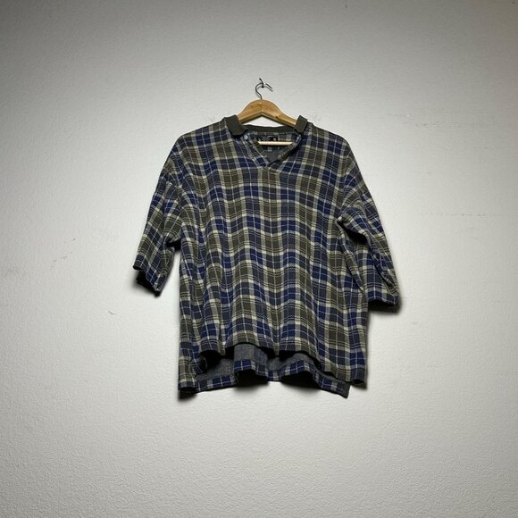 VTG J Riggings Polo Shirt Men M Plaid Green Prep Grandpa Distressed Sleeves Y2K - Picture 1 of 15